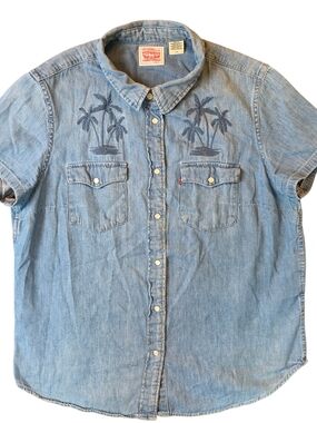 Levi's Button Up Shirt Womans Large Denim Palm Embroidered Southwestern Tropical